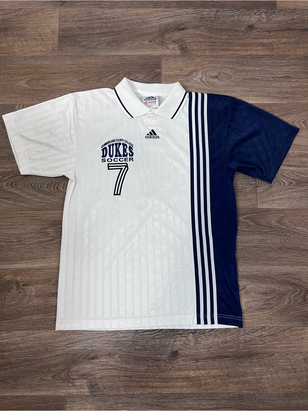Vintage Adidas white and navy striped polo shirt Size M #polo #striped/A560